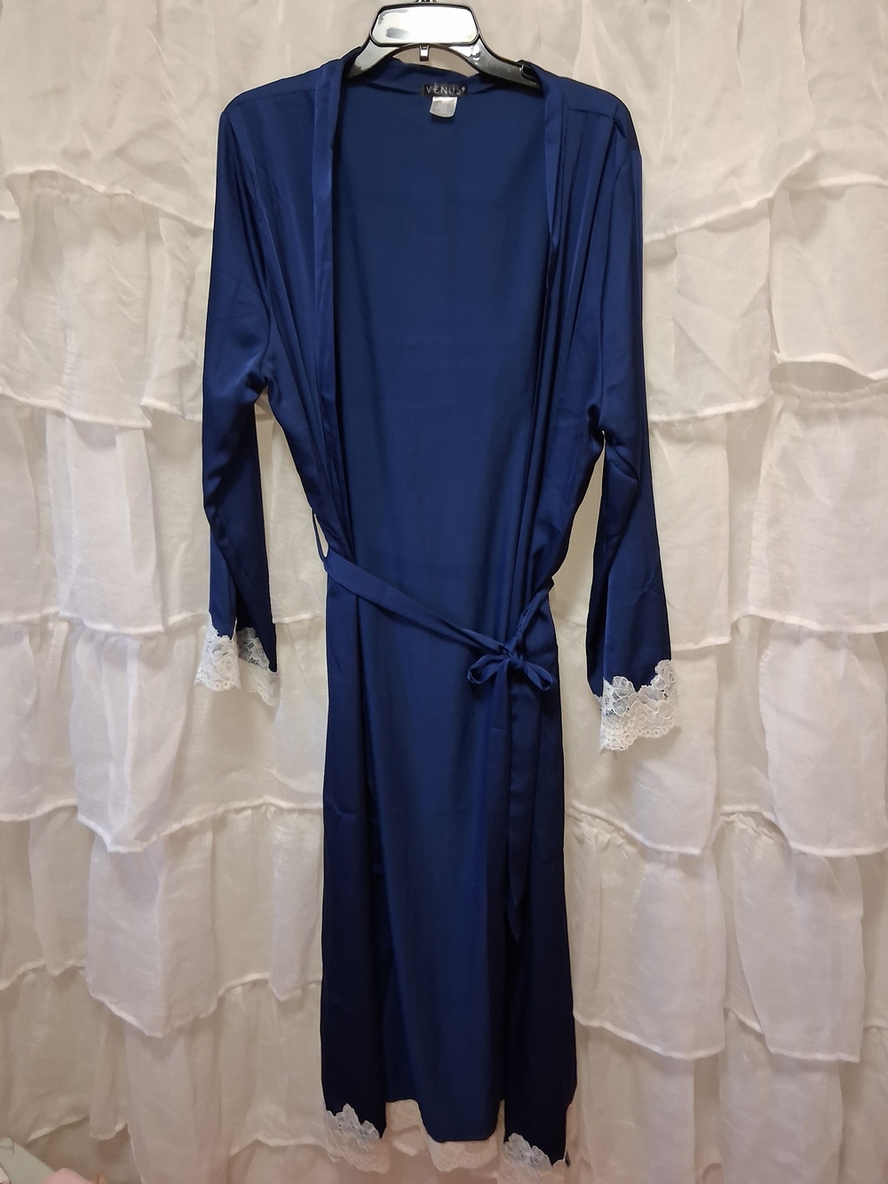 VENUS Navy Blue Satin Lace-Trim Robe